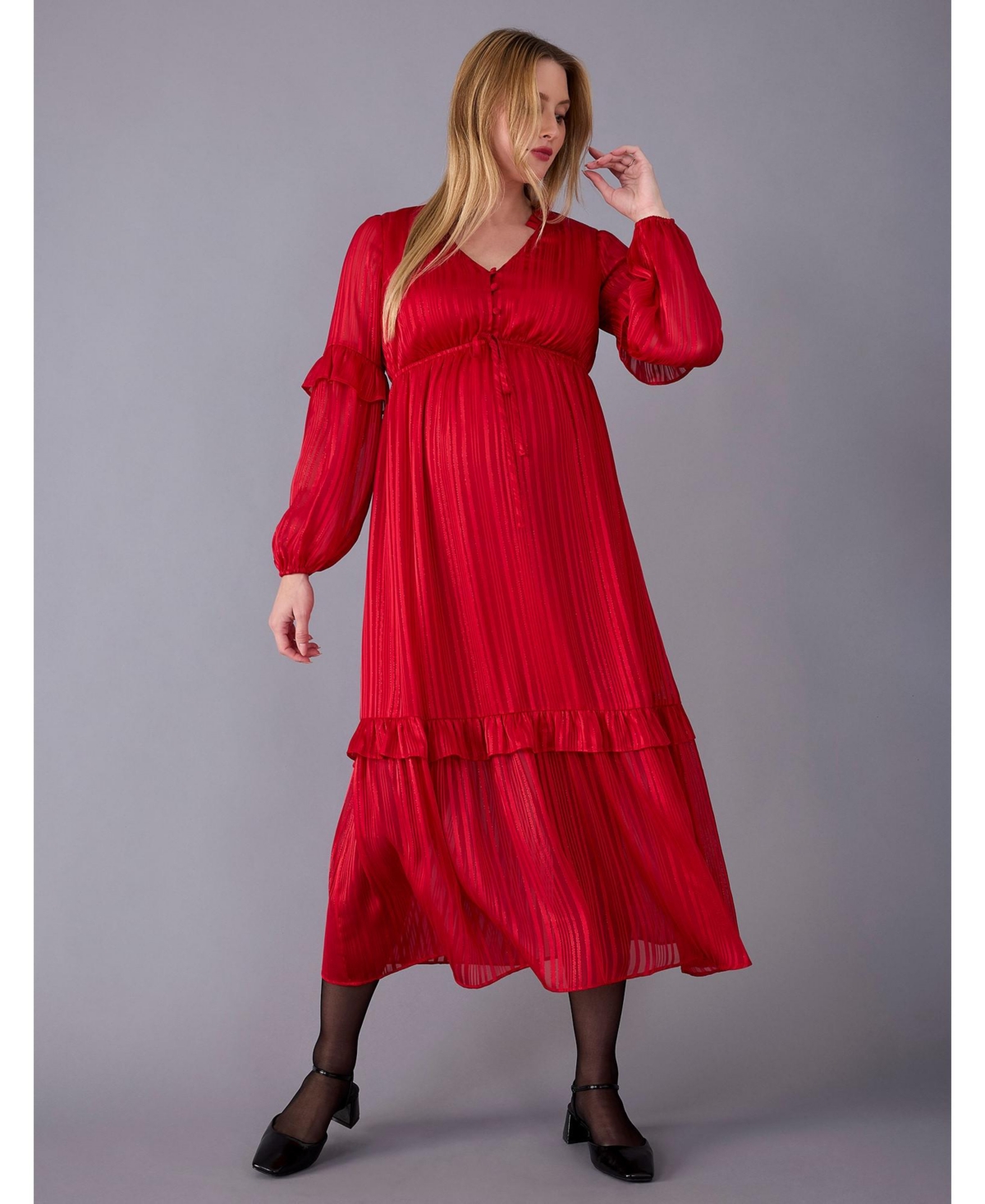Motherhood Maternity V-Neck Long Sleeve Tiered Maxi Dress