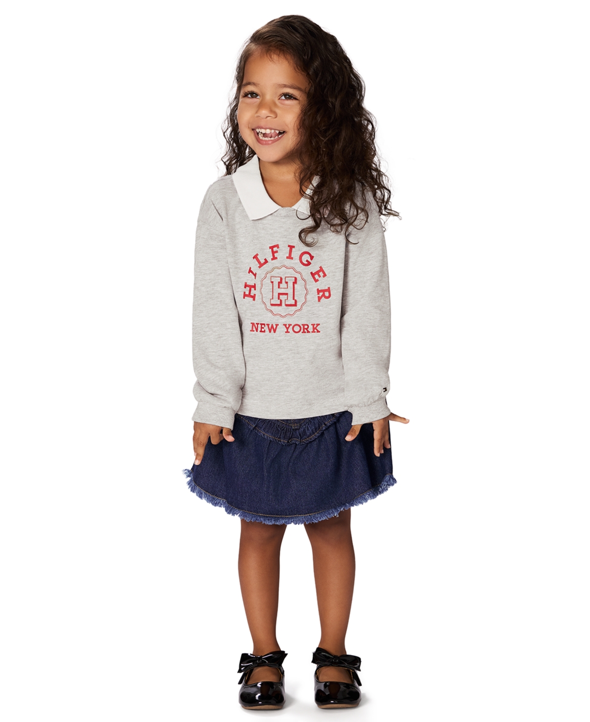 Tommy Hilfiger Toddler and Little Girls 2-Piece Collared Top Denim Flare Skirt Set