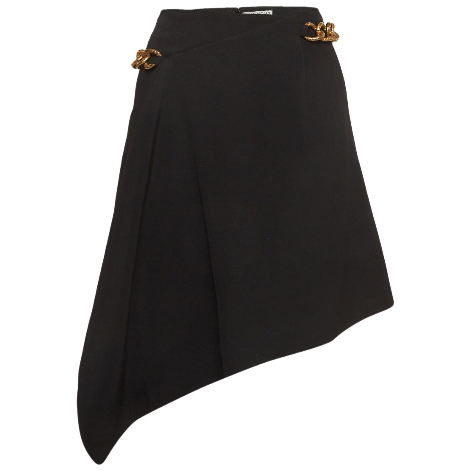 Women's Black Chain Belted Gabardine Asymmetrical Mini Skirt