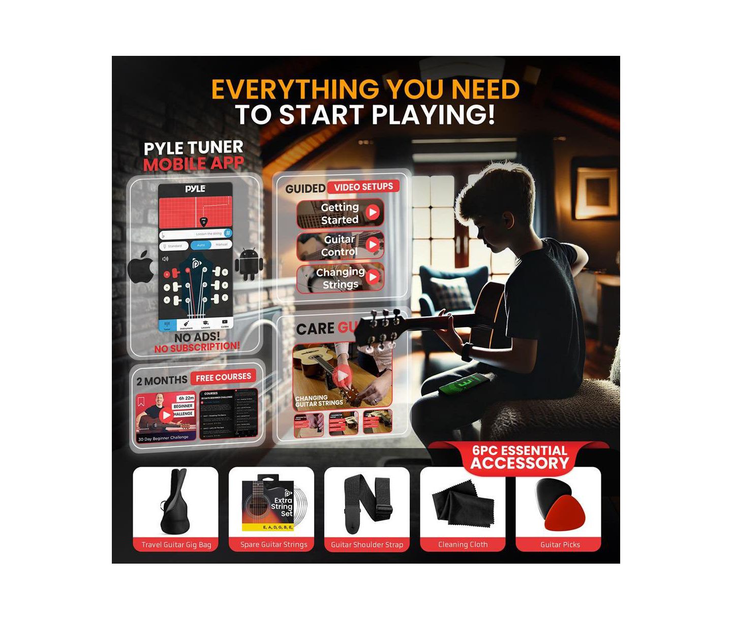 Детские игрушки Pyle Easy Play 41" Cutaway Acoustic Guitar with Digital Tuner, Guitar Kit, Ages 11+, цвет: Коричневый — фото 2