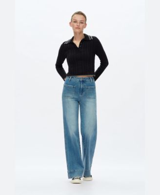 Women's High-Rise Wide-Leg Vintage-Wash Front-Pocket Jeans