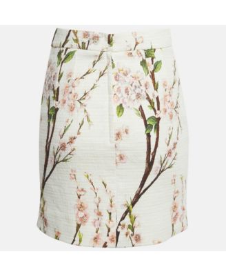 Women's White Floral Print Tweed Mini Skirt