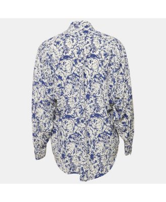 Women's White/blue Printed Silk Button Front Cade Top