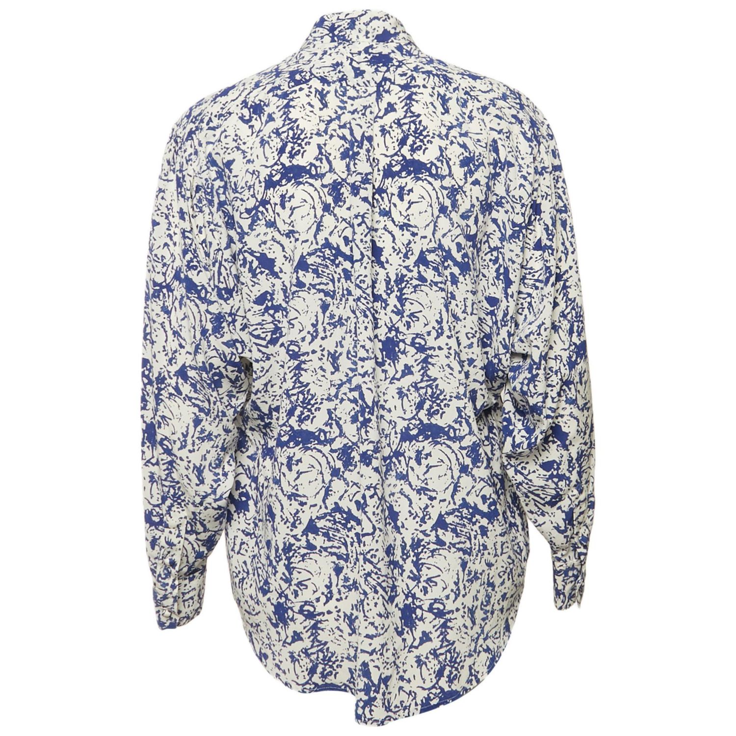 Women's White/blue Printed Silk Button Front Cade Top