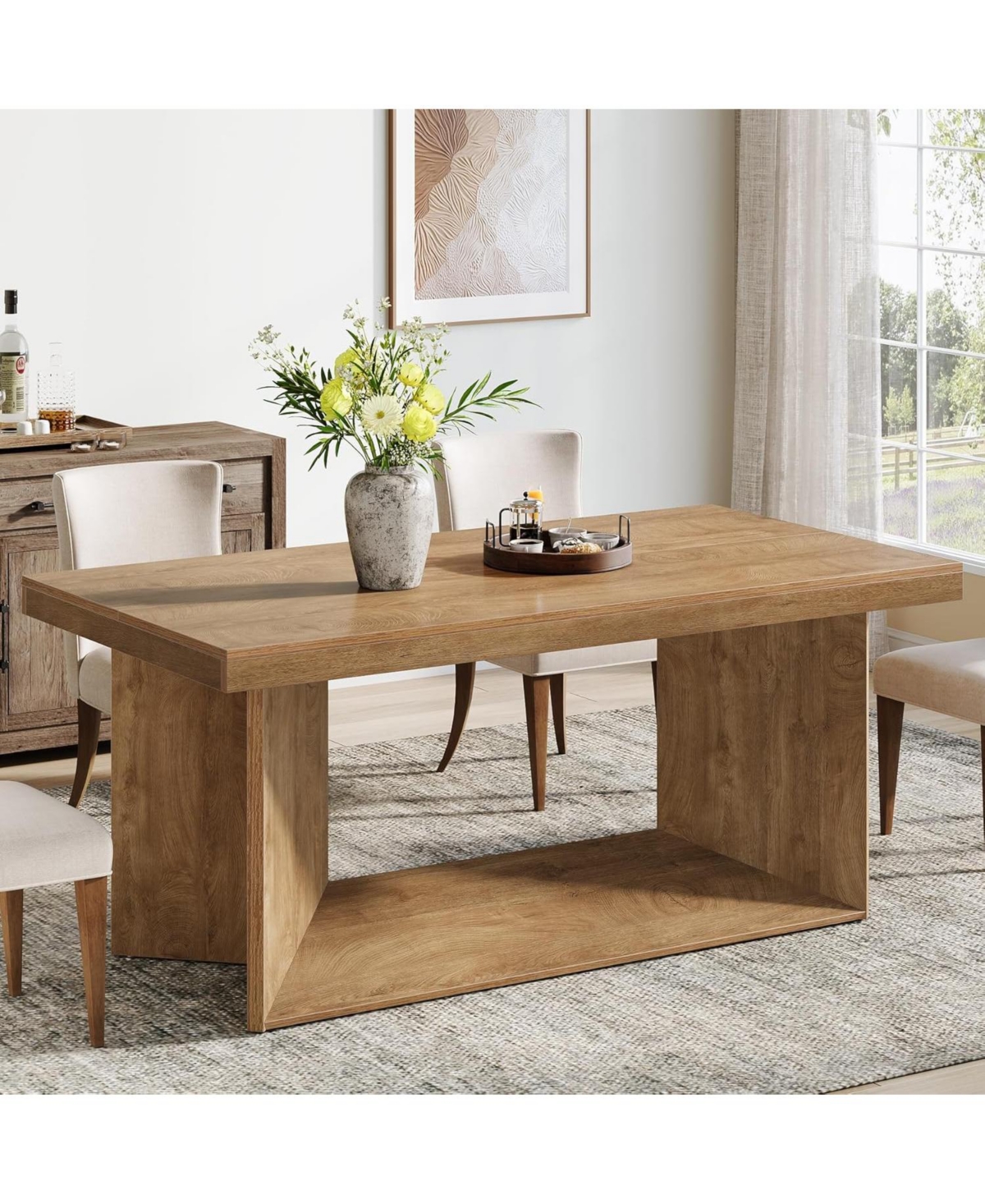 Tribesigns Dining Table for 4-6, Farmhouse Kitchen Table with Heavy Duty Pedestal, Rectangular Wooden Dinner Furniture