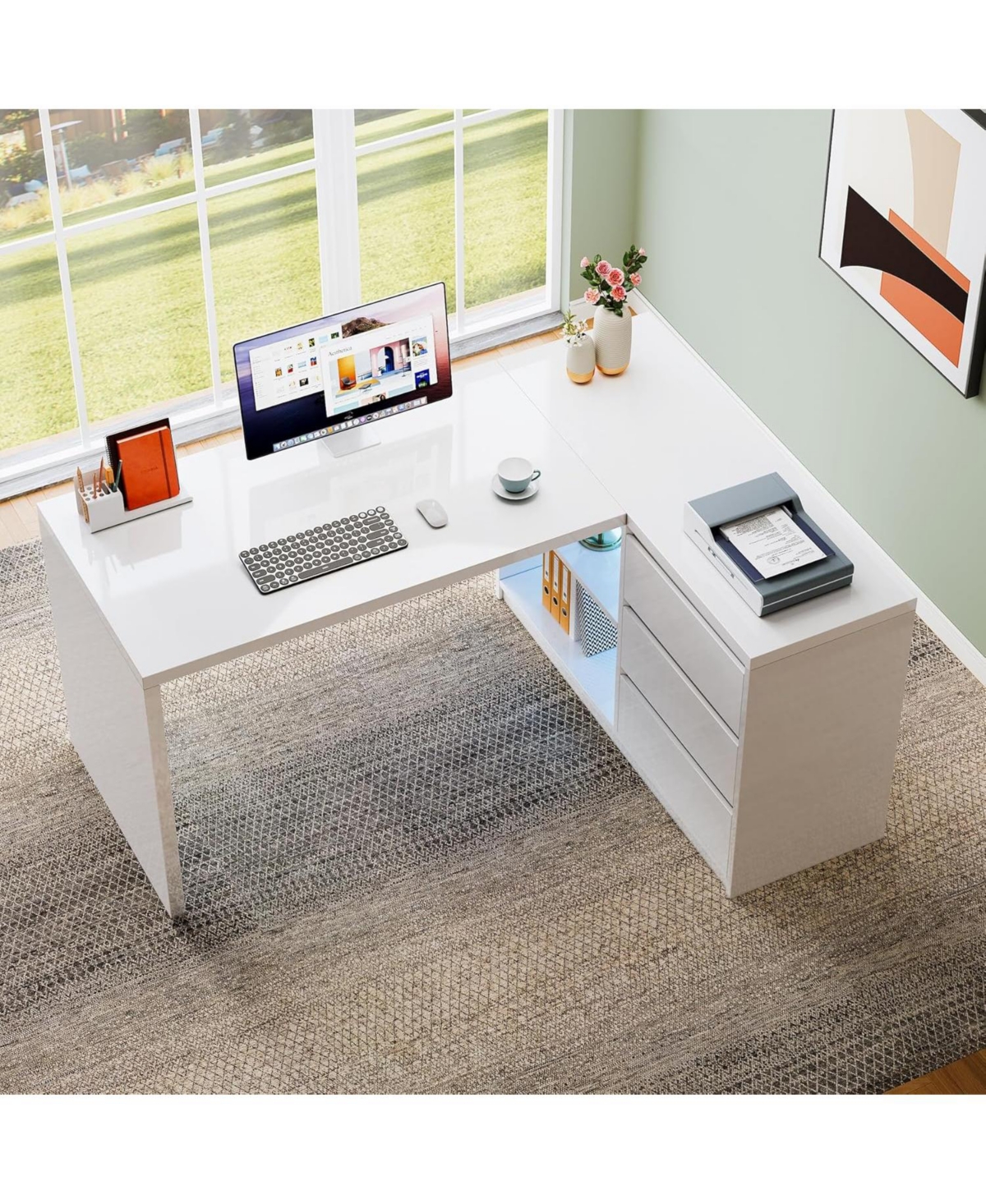 Tribesigns White L-Shaped Computer Desk with 3 Drawers, 55-Inch Modern Gloss Corner Home Office Executive Desk