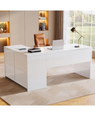 White L-Shaped Computer Desk with 3 Drawers, 55-Inch Modern Gloss Corner Home Office Executive Desk