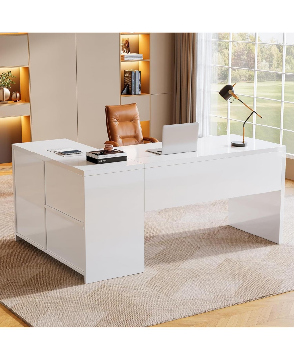 Tribesigns White L-Shaped Computer Desk with 3 Drawers, 55-Inch Modern Gloss Corner Home Office Executive Desk