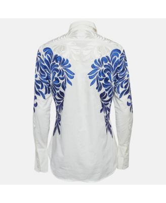 Women's White/blue Embroidered Cotton Long Sleeve Shirt