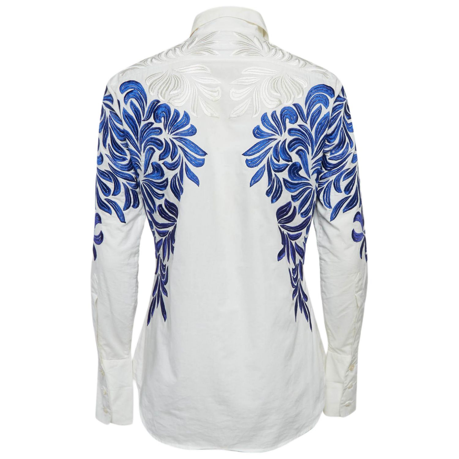 Women's White/blue Embroidered Cotton Long Sleeve Shirt