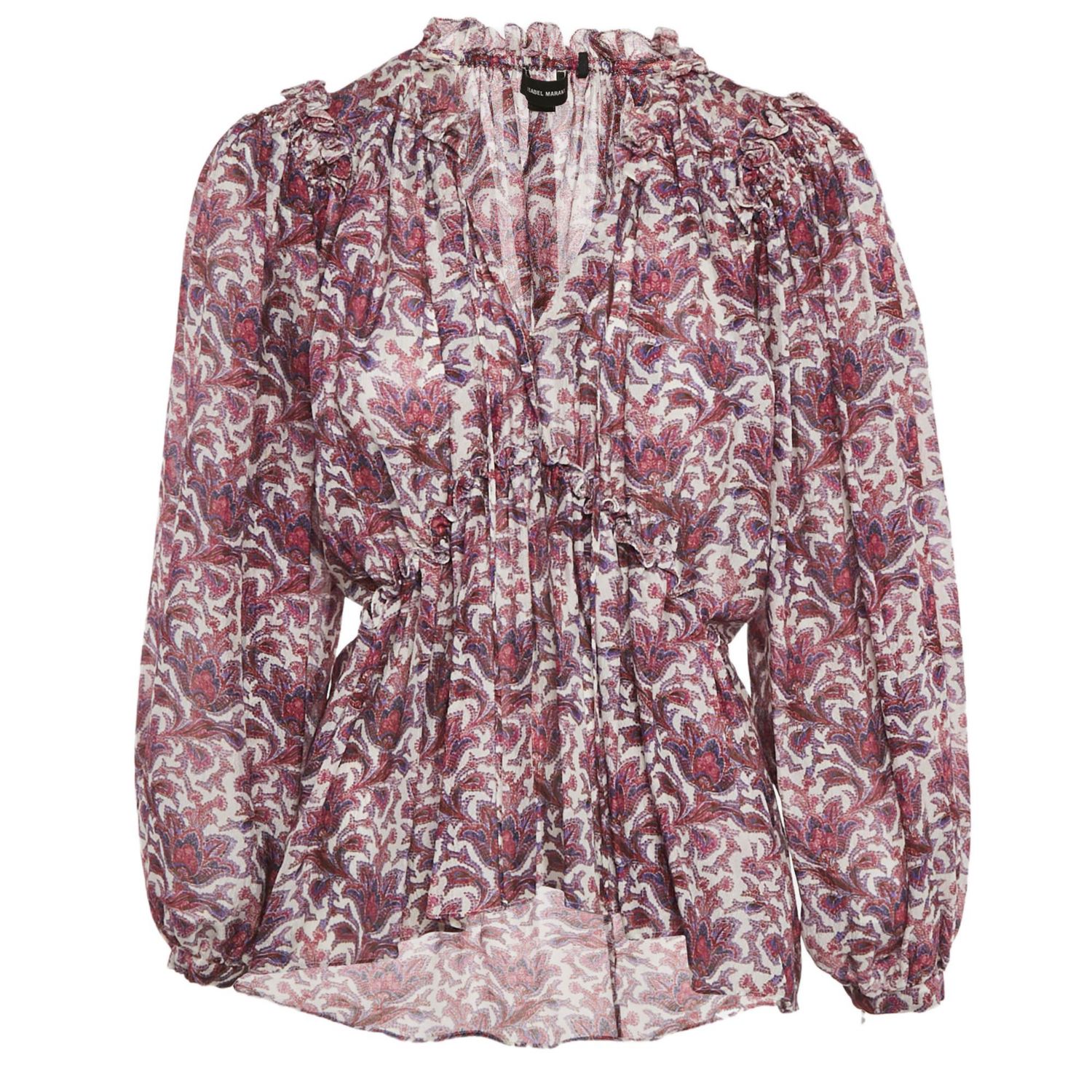 Women's Purple Printed Silk Ruffle Detail Top