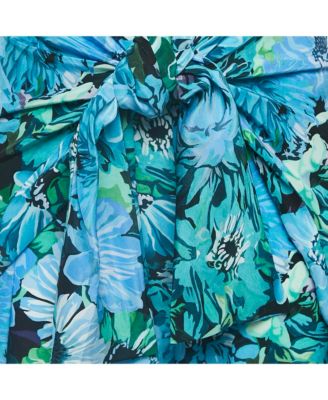 Women's Blue Floral Print Silk Tie-Up Trousers