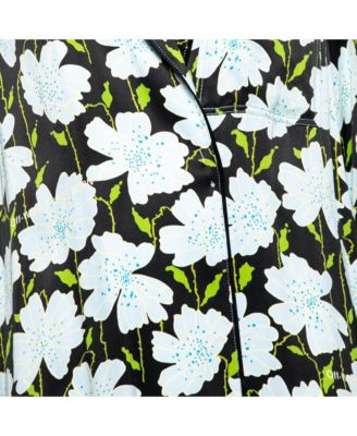 Women's Blue Floral Printed Satin Open Front Lightweight Coat