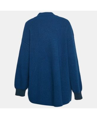 Women's Blue Rib Knit Asymmetrical Button Oversized Sweater