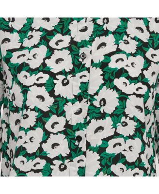 Women's Green Floral Print Silk Long Sleeve Shirt