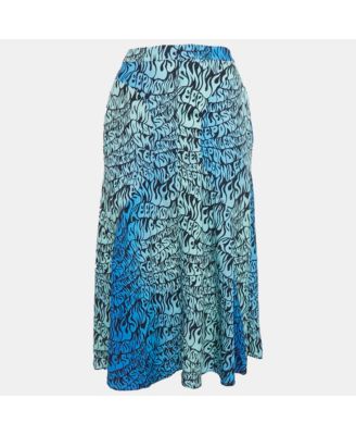 Women's Blue Printed Crepe De Chine Midi Skirt