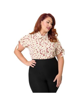 Plus Size 1950s Tie Cuff Woven Blouse