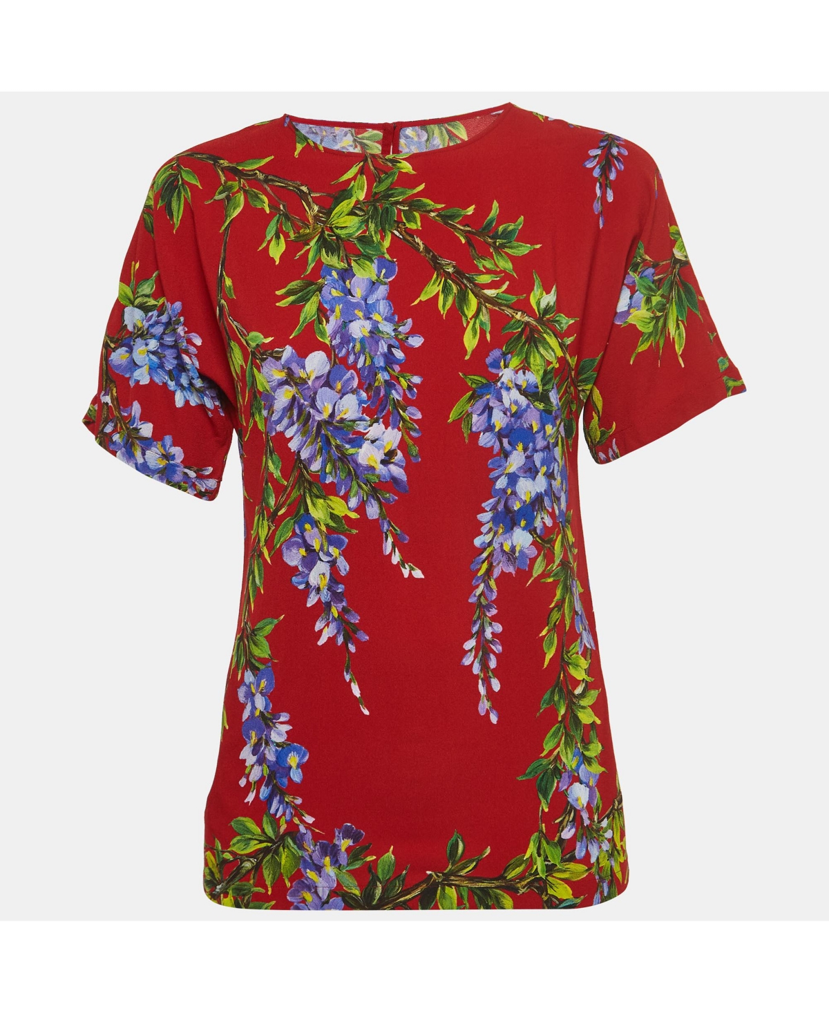 Pre-Owned Dolce & Gabbana Women's Red Floral Print Crepe Short Sleeve Blouse