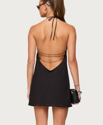 Women's Bead Backless Cowl Neck Mini Dress