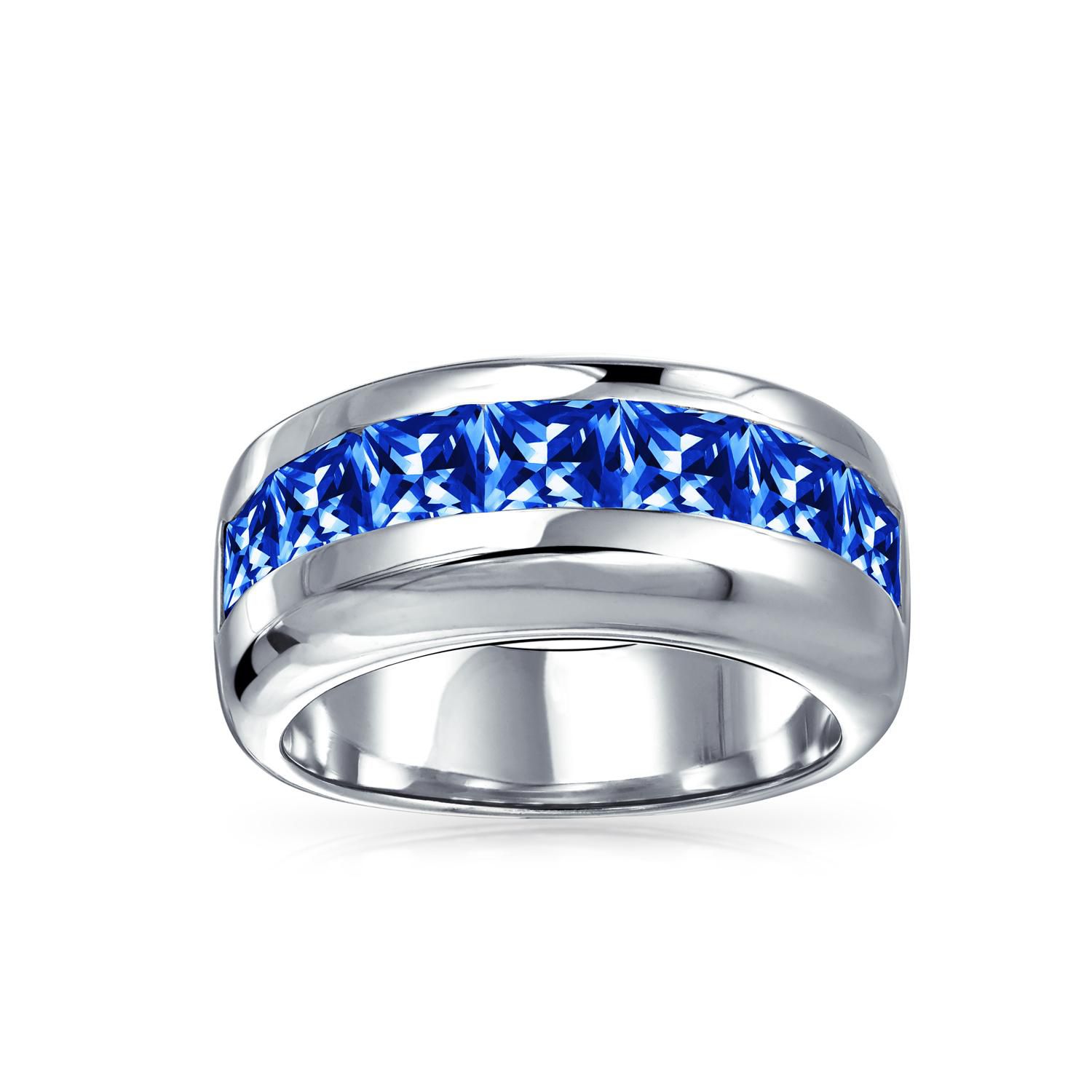 Channel Set Sapphire Blue CZ Cubic Zirconia Square Invisible Cut Wedding Band Ring Sterling Silver 9MM