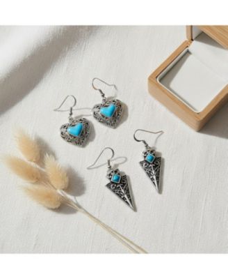 Set of 2 Blue Turquoise Boho Arrowhead and Filigree Heart Dangle Earrings Oxidized Sterling Silver