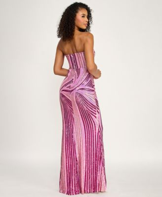 Juniors' Swirl Strapless Sequined Gown