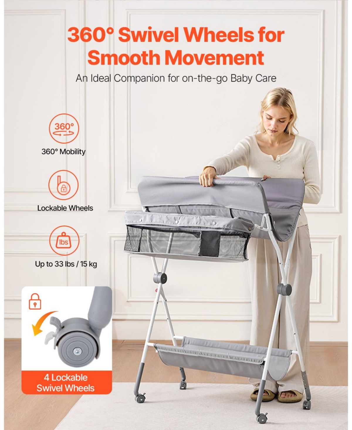 Slickblue Foldable Baby Changing Table with Wheels and Side Basket