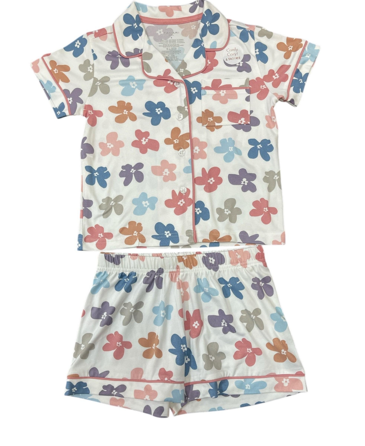 Tahari Girls 3-Piece Pajama Set with Short Sleeve Notch Collar Top, Elastic Waistband Pants, and Shorts Scrunchie