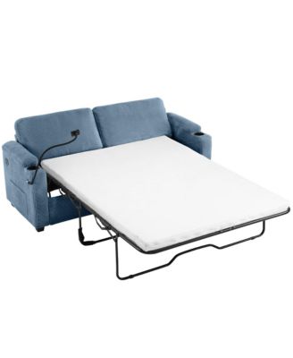 72.8" Corduroy Sleeper Sofa Loveseat Sofa with Full Size Mattress, Two USB Ports, Two Cup Holders, Two Side Pockets and a Phone Holder