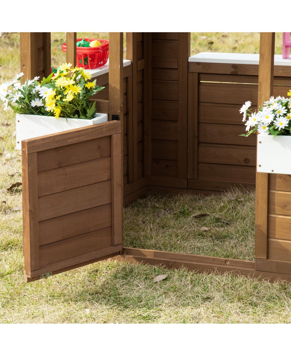 Flynama Outsunny wooden playhouse with door & windows, flowerpot holders, 46"x38", outdoor cottage for kids ages 3–8.