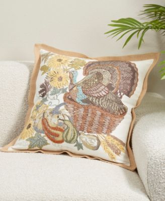 Embroidered Turkey Poly Filled Decorative Pillow, 20" x 20"