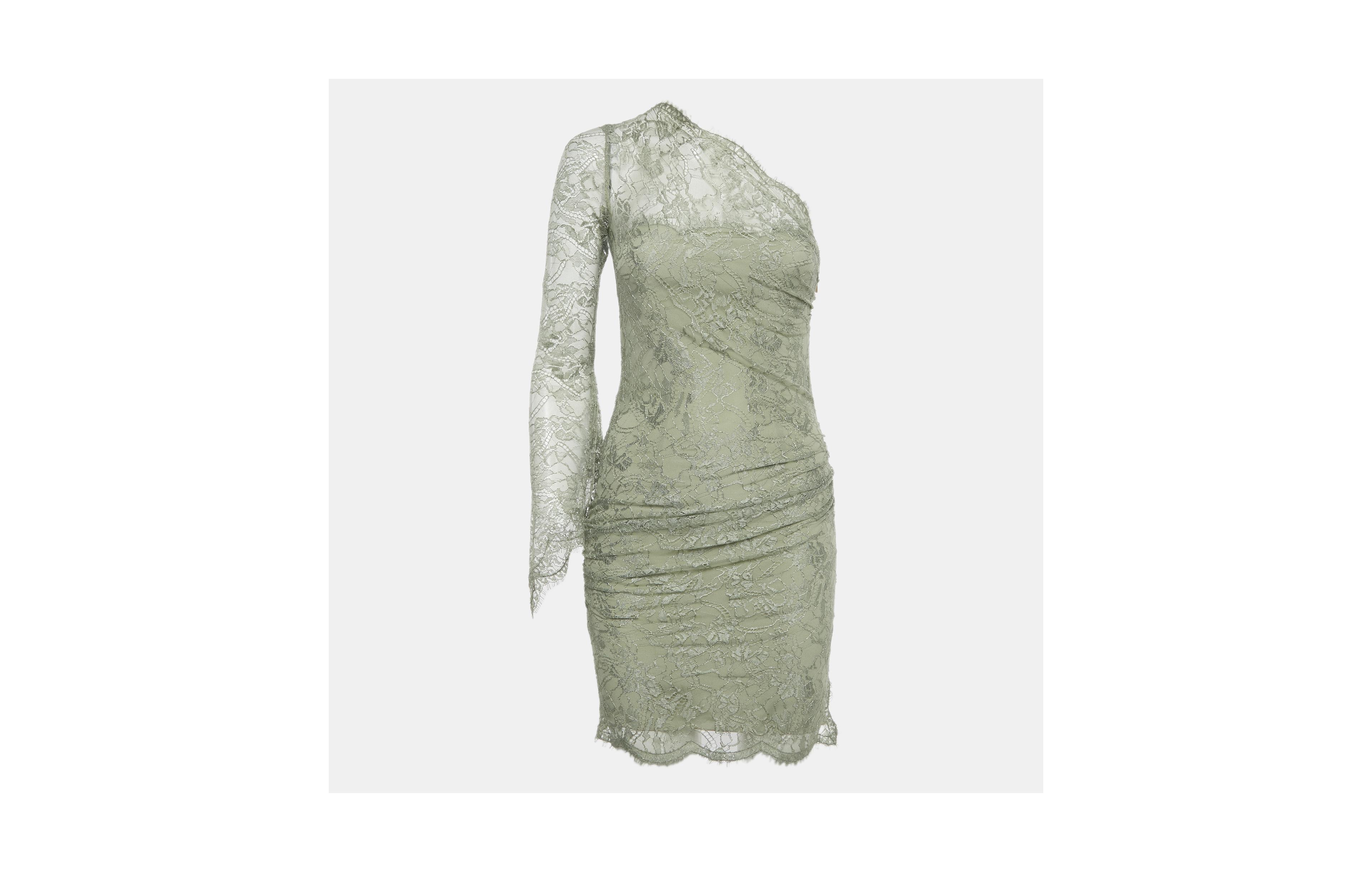 Pre-Owned Emilio Pucci Women's Green Lace One-Shoulder Mini Dress