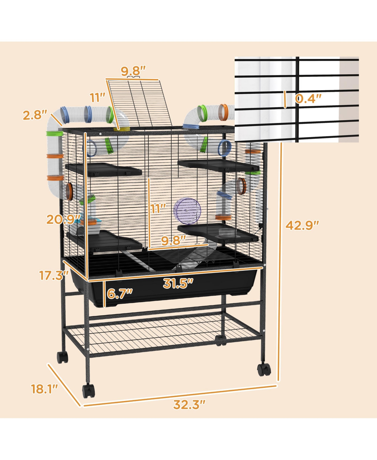 PawHut Large Hamster Cage Rat Cage on Wheels w/ Storage Shelf, Tubes