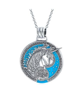 Large Round Pegasus Celestial Unicorn Medallion Pendant Necklace & Dangle Earring Jewelry Set Oxidized Sterling Silver