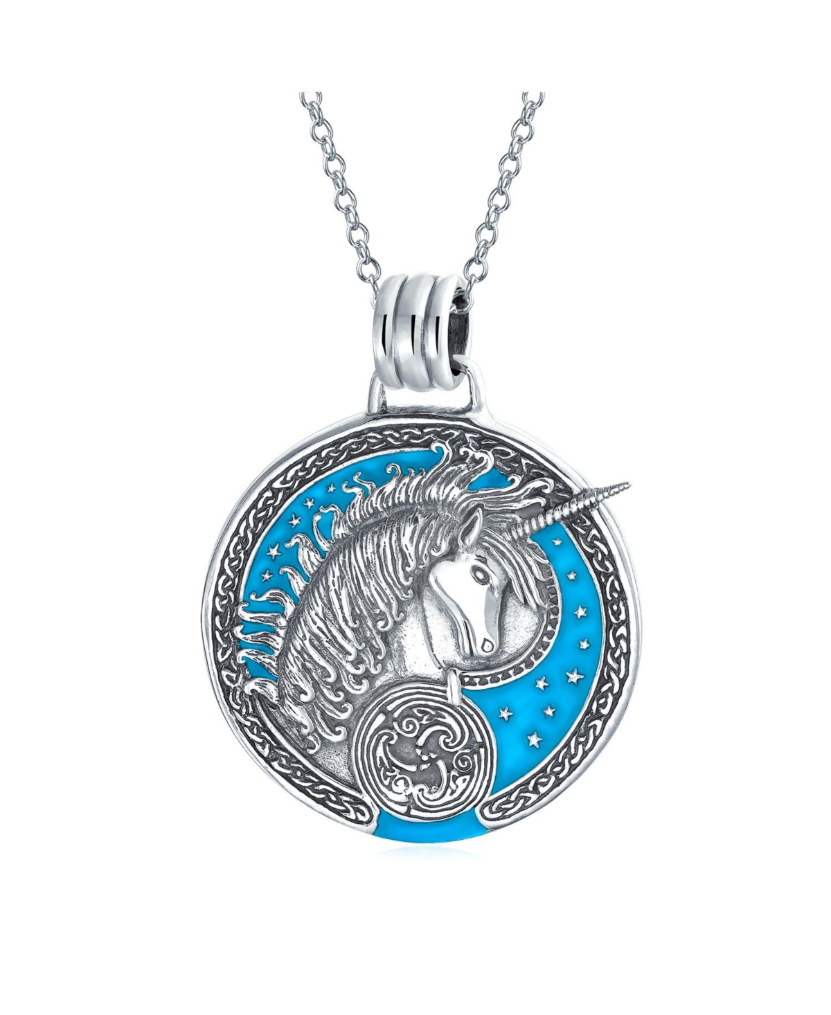 Bling Jewelry Large Round Pegasus Celestial Unicorn Medallion Pendant Necklace & Dangle Earring Jewelry Set Oxidized Sterling Silver
