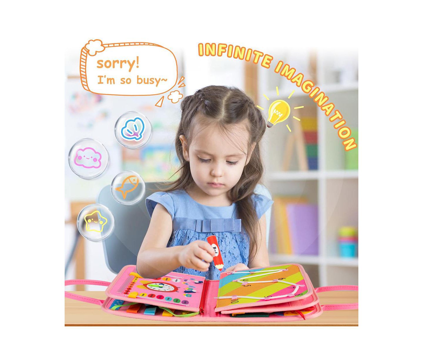 Детская игрушка Cowin Montessori 8-in-1 Travel Busy Board Interactive Book, Ages 1+, цвет: Розовый — фото 3