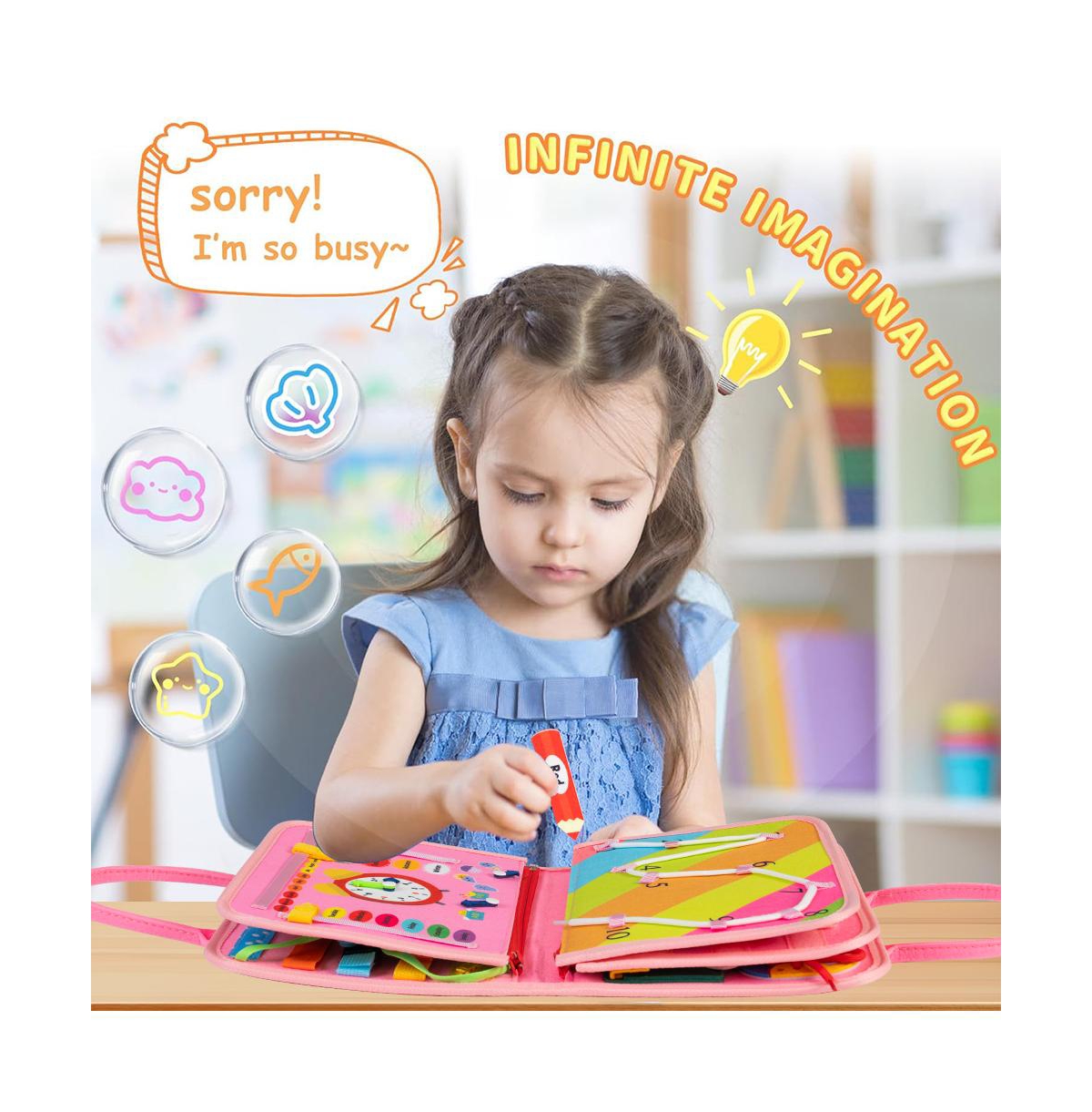 Busy Board 8 in 1 Busy Book Montessori Toys for Toddler Sensory Toys Developing Sensory Board Travel Toys Pink