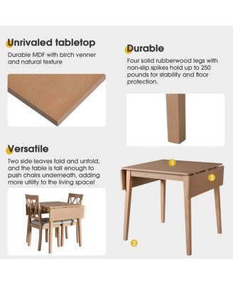 3-Piece Folding Dining Table Set with Drop Leaf and 2 Padded Chairs, Compact Breakfast Nook Table Set for Small Spaces