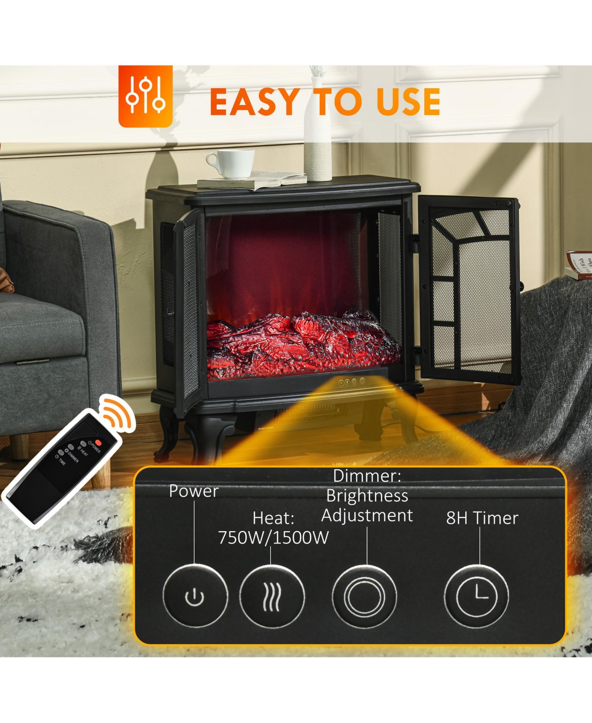 Homcom Freesding Electric Fireplace Heater with Led Log Flames,