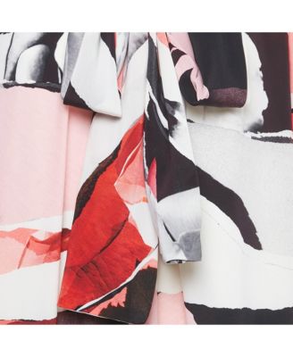 Women's Pink Printed Silk Flared Hem Short Dress