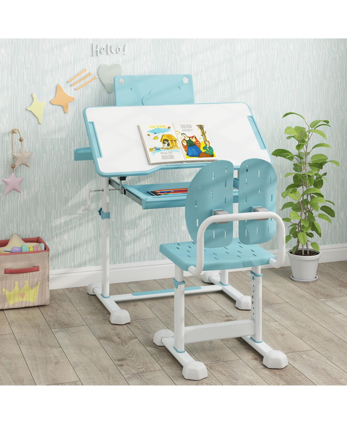 Gymax Kid's Study Desk & Chair Set w/Tilt Desktop Book Stand Footrest Bar for Toddlers