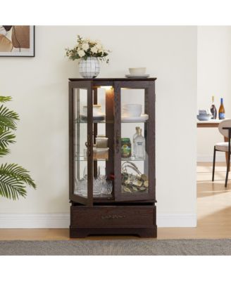 Glass Cabinet with Adjustable Glass Shelves 2 Doors and 1 drawer Cabinet Bulb Included