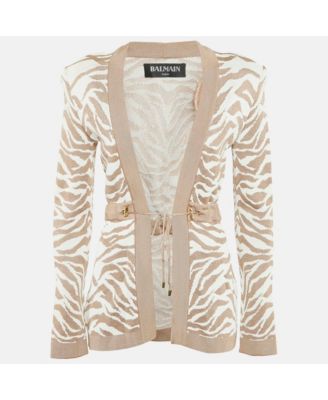 Women's Beige/white Zebra Pattern Jacquard Knit Drawstring Detail Cardigan