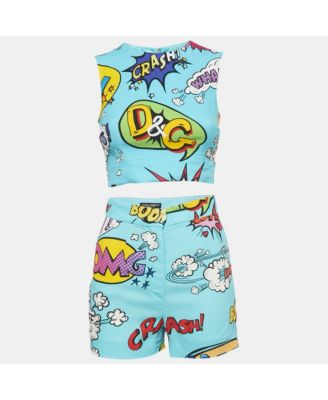 Women's Blue Printed Crepe Sleeveless Crop Top & Shorts Set