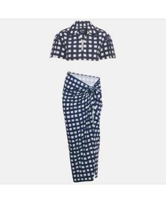 Women's Navy Blue/white Checkered Silk Blend & Jersey Crop Top & Skirt Set