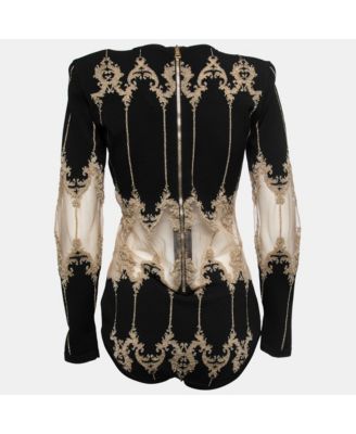 Women's Black Stretch-Knit Metallic Tulle Paneled Bodysuit