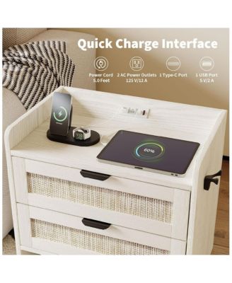 Rattan Nightstand, Bedside Table with Type-C Charging Station - 2 Storage Drawer Space, Boho End Table Side Table, 1pcs