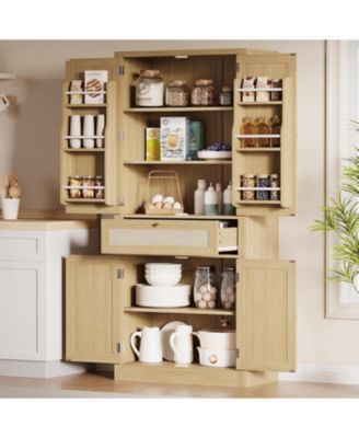 70inch Tall Kitchen Pantry Cabine, Rattan Doors Freestanding Cupboard Storage Cabinet with Drawer and Adjustable Shelves