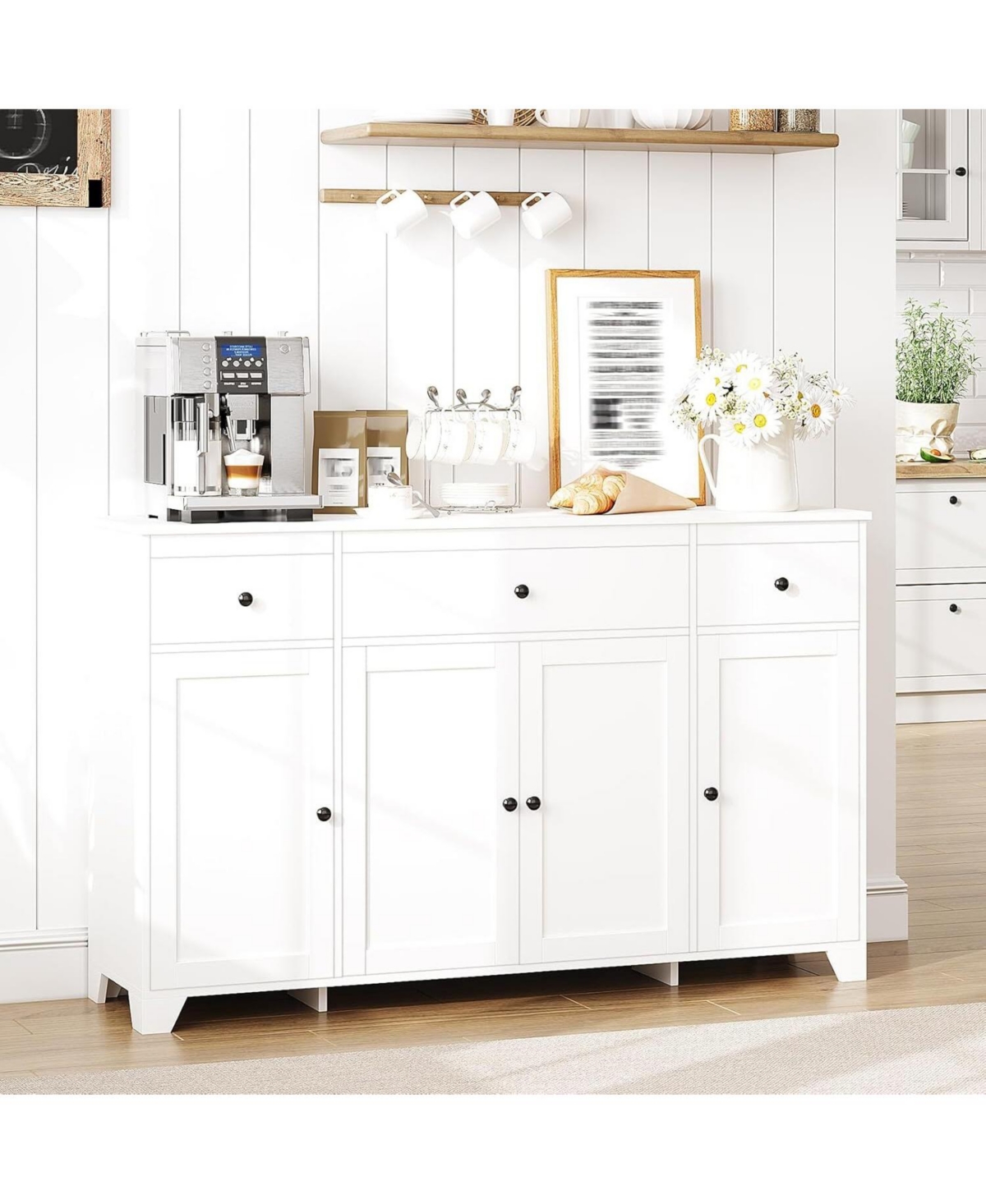 gaomon Sideboard Buffet Cabinet, 55in Large Modern Kitchen Coffee Bar Cupboard Cabinet with 4 Doors 3 Drawers Adjustable Shelves Wood Coffee Bar