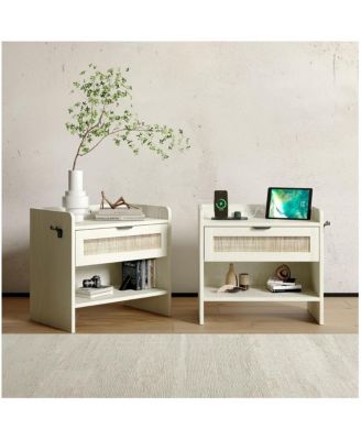 Rattan Nightstand Set of 2, Bedside Table with Type-C Charging Station - 1 Drawer & Open Storage Space, Boho End Table Side Table.